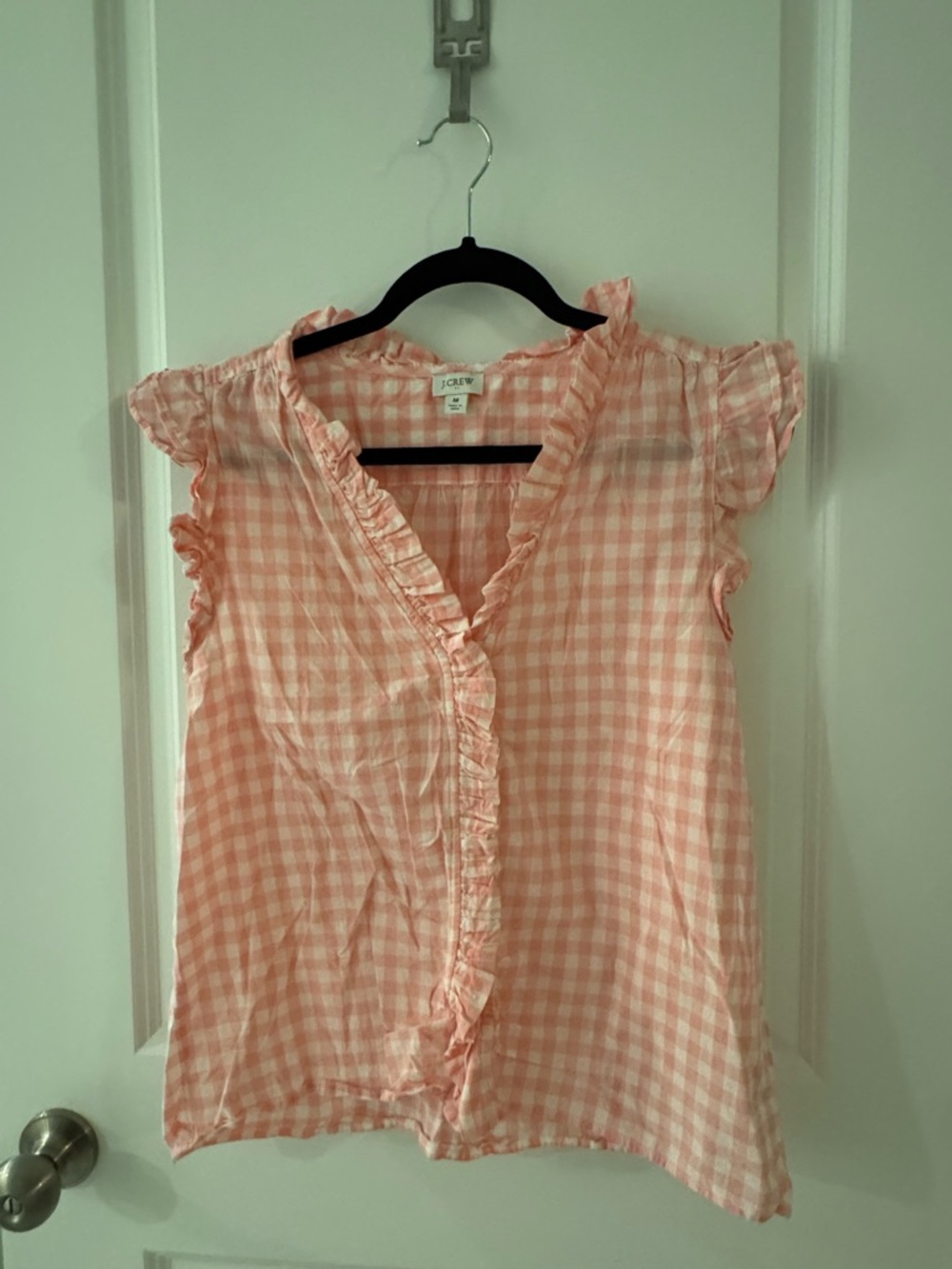 J. Crew Pink Gingham Ruffle-Trim Cap Sleeve Blouse